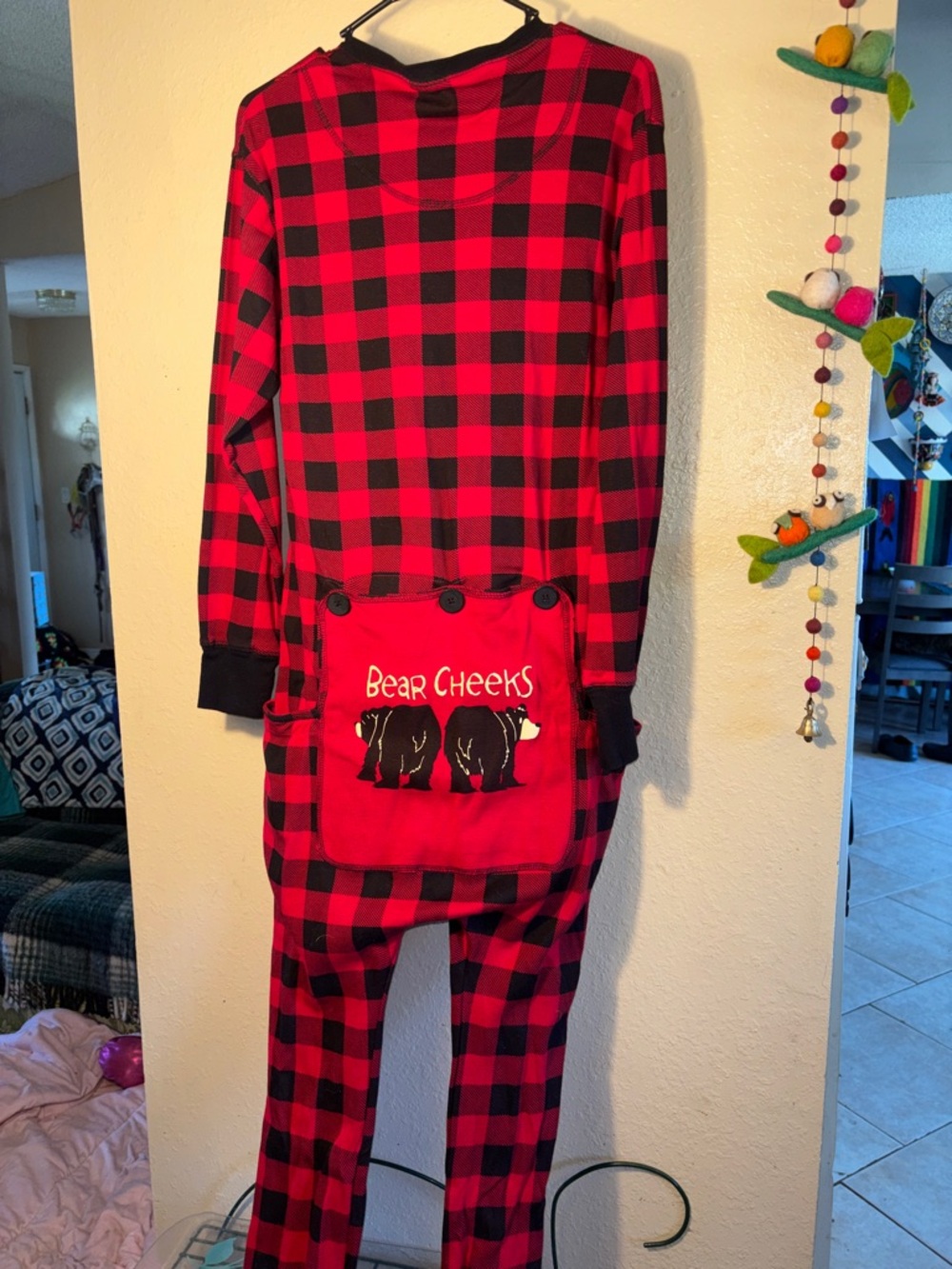 EUC LazyOne Bear Cheeks BLACK, AND RED Plaid Flapjack Onesie, a one-piece pajam